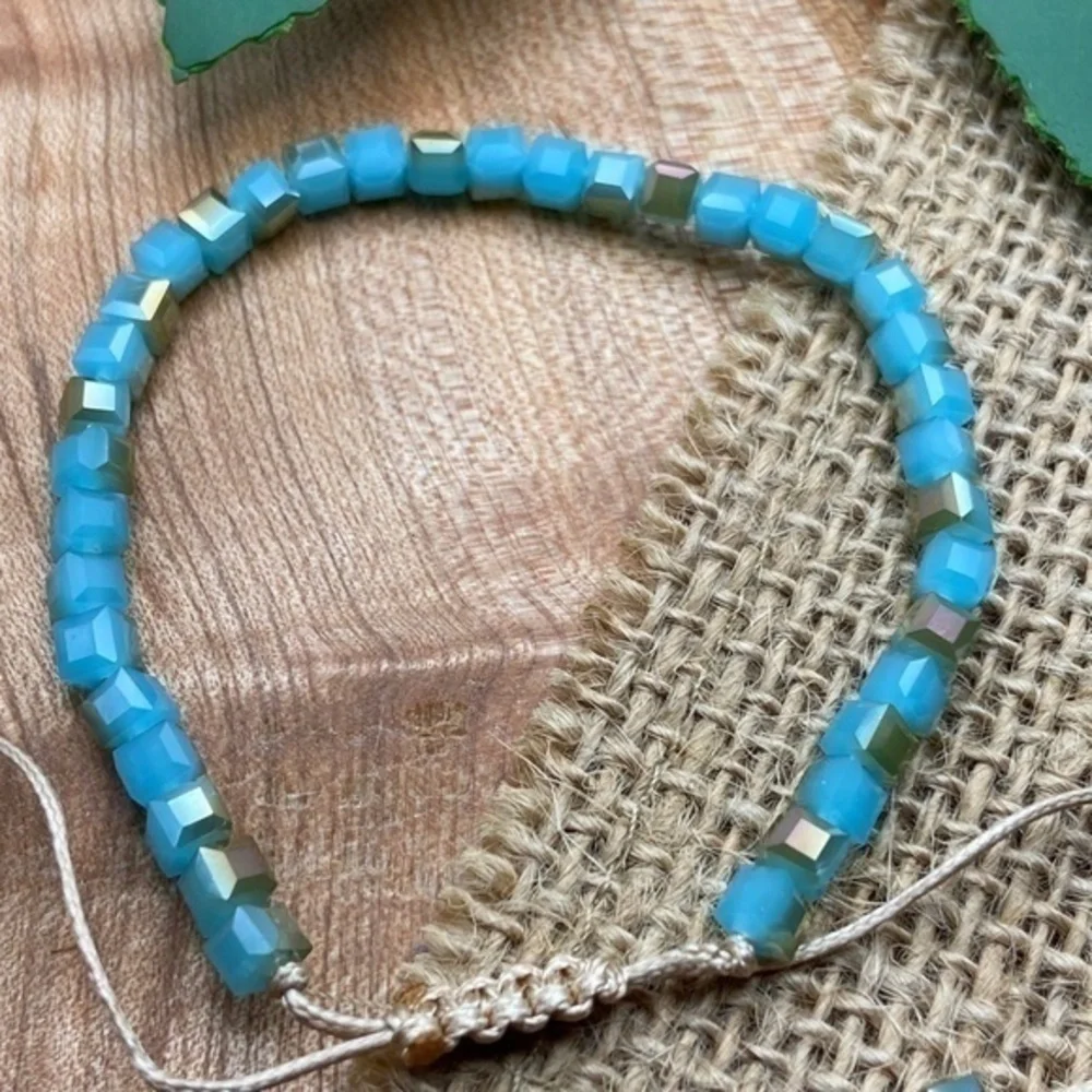 Cubic Boho Bracelet Iridescent Light Blue Tan‎ Crystal Beaded Adjustable Length
